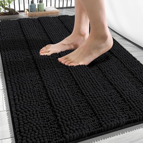 OLANLY Thick Bathroom Rugs 34x21, Soft Chenille Striped Bath Rugs, Black | Rubber Backing, Machine Wash, Extra Absorbent Bath Mats for Bathroom Floor, Tub and Shower, Home Decor Accessories - color: Black, size: 34" X 21"