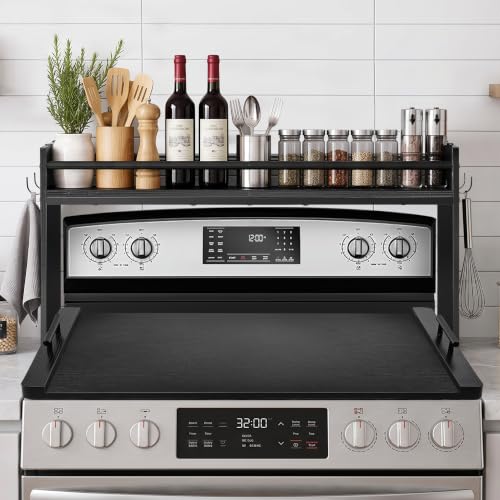 Noodle Board Stove Cover and Over the Stove Spice Rack Combo Set | Expands Countertop Space, Stove Top Cover Used as Serving Tray, Sink Cover, Spice Shelf with 4 Hooks, Farmhouse Decor, Black - color: Set - Black