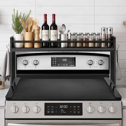Noodle Board Stove Cover and Over the Stove Spice Rack Combo Set | Expands Countertop Space, Stove Top Cover Used as Serving Tray, Sink Cover, Spice Shelf with 4 Hooks, Farmhouse Decor, Black - color: Set - Black