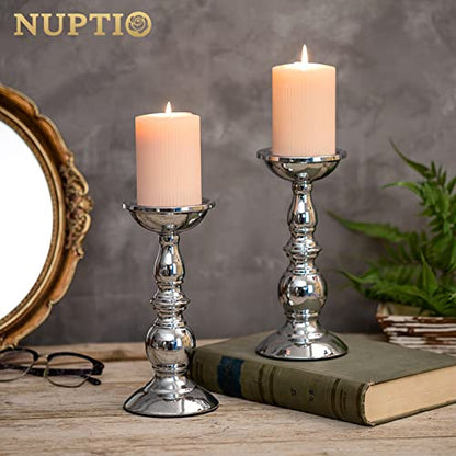 Nuptio Silver Pillar Candle Holders, Wedding Centerpieces Metal Candle Holder for 3 inches Candles Stand Decoration Ideal for Weddings Special Events Parties Living Room, 2 Pcs | (2 x L) Metal Candle Stand Decoration Ideal for Weddings Special Events Part