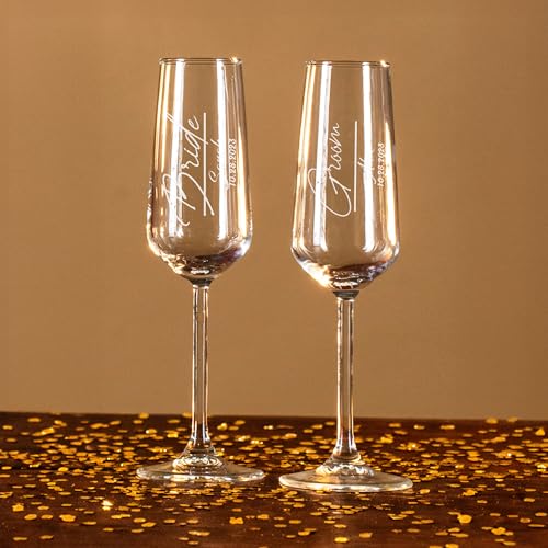 Personalized Champagne Flutes – Vertical Name Engraved Wedding Glasses, Custom Champagne Flute for Bride and Groom, Modern Wedding Toast Glasses - (Champagne Flutes-D2) - color: Champagne Flutes-D2