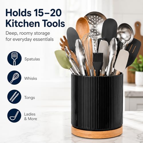 360° Rotating Kitchen Utensil Holder,Ceramic Utensil Holder for Countertop | Utensil Crock for Kitchen Counter with Rotatable Wooden Base,Ideal Housewarming Gift & Mothers Day Gift-Black - color: black