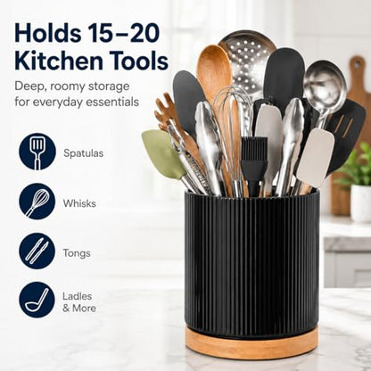 360° Rotating Kitchen Utensil Holder,Ceramic Utensil Holder for Countertop | Utensil Crock for Kitchen Counter with Rotatable Wooden Base,Ideal Housewarming Gift & Mothers Day Gift-Black - color: black