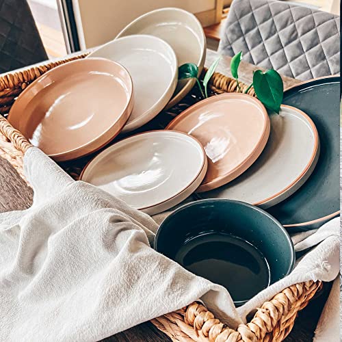 Mora Ceramic Flat Bowls Set of 4-25 oz- For Soup, Salad, Rice, Cereal, Breakfast, Dinner, Serving, Oatmeal, etc - Microwave, Dishwasher and Oven Safe Bowl for Eating and Kitchen- Vanilla & Charcoal - color: Vanilla & Charcoal