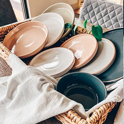 Mora Ceramic Flat Bowls Set of 4-25 oz- For Soup, Salad, Rice, Cereal, Breakfast, Dinner, Serving, Oatmeal, etc - Microwave, Dishwasher and Oven Safe Bowl for Eating and Kitchen- Vanilla & Charcoal - color: Vanilla & Charcoal