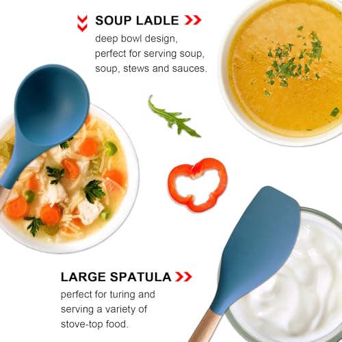 Silicone Kitchen Cooking Utensils Set 5Pcs Non-Stick Silicone Kitchen Utensils Set Spatula Spoon Turner Ladle with Wooden Handle, Heat Resistant Cooking Gadgets for Nonstick Cookware BPA-FREE - color: Blue, size: Standard 5-Piece Set