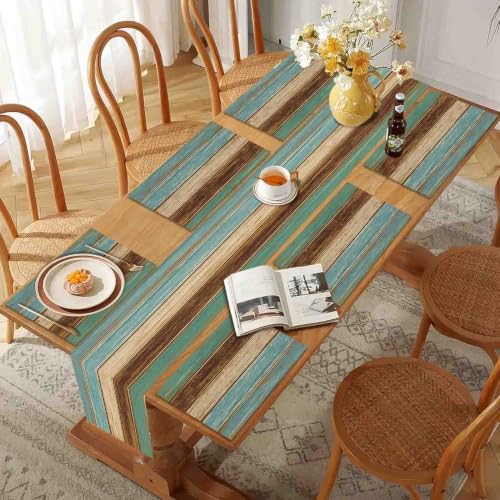 Mcalk Farmhouse Table Runner and Placemats Set of 6 Pieces, Teal and Brown Placemats Wooden Texture,Rectangle Cloth Place Mats Indoor for Kitchen,Washable Placemats Linen Material for Living Table - color: 01teal and Brown