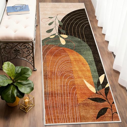 Washable Runner Rug 2x6 Area Rug Non Slip Mid Century Modern | Long Throw Carpet Runner for Hallway Kitchen Bedroom Bedside Laundry Room Floor Boho Abstract Retro Terracotta Rust - color: Terracotta（modern）, size: 2' x 6' (Rectangular)