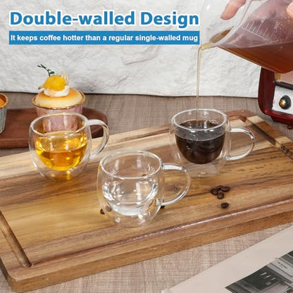 6 Pack 2.7oz Double Walled Glass Coffee Mugs with Handles, Clear Glass Coffee Mugs, Insulated Borosilicate Cups, Insulated Layer Coffees Cups for Cappuccino, Tea, Latte, Milk, Microwave Safe