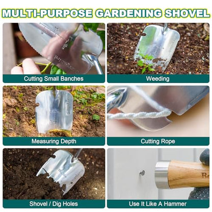 Berry&Bird Weeding Trowel, Multi- Use Hand Shovel with Serrated Blade Stainless Steel Garden Trowel Plus Size Potting Trowel with Wooden Handle for Transplanting, Digging, Measuring, Cutting Roots - color: Weeding Trowel