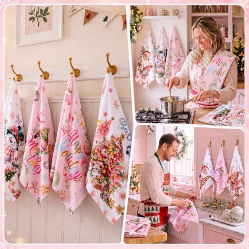 Redbaker 6 Pcs Pink Christmas Kitchen Towels Santa Claus Funny Dishcloth | Xmas Absorbent Farmhouse Decorative Fast Drying Tea Dish Towel with Hanging Loop for Kitchen Bathroom Home Housewarming Gift - style: Pink Christmas