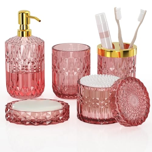 New Pink Glass Bathroom Accessories Set 5 Pcs, Pink Bathroom Set, Soap Dispenser and Toothbrush Holder Set, Qtip Holder Set, Vintage Bathroom Sink Set, Cute Bathroom Decor - style: New Pink