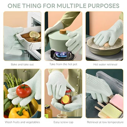 1 Pair Oven Mitts, Heat Resistant Protective Oven Gloves, Cotton Lined Silicone Kitchen Mitts Pair, Nonslip Silicone Cooking Gloves with Fingers (Mint Green) - color: Mint Green