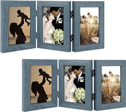 Golden State Art, 4x6 Triple Picture Frame Blue- Real Glass, 2 Pack | Trifold Photo Frame Vertical Display for Desktop - Three Folding Picture Collage - color: Blue, size: 4x6(2 Pack)