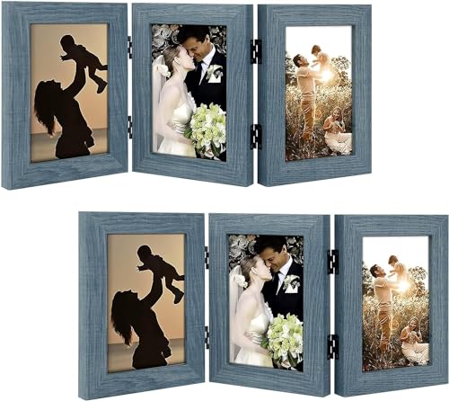 Golden State Art, 4x6 Triple Picture Frame Blue- Real Glass, 2 Pack | Trifold Photo Frame Vertical Display for Desktop - Three Folding Picture Collage - color: Blue, size: 4x6(2 Pack)