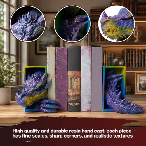 Dragon Bookends Ornaments, Gothic Fantasy Bookends, Book Lovers Unique Resin Shelf Holder Set, Functional Resin Animal Statue Sculpture Book Holder for Home Office Bookshelf（Purple） - color: C