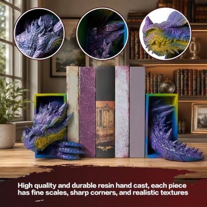 Dragon Bookends Ornaments, Gothic Fantasy Bookends, Book Lovers Unique Resin Shelf Holder Set, Functional Resin Animal Statue Sculpture Book Holder for Home Office Bookshelf（Gold） - color: A