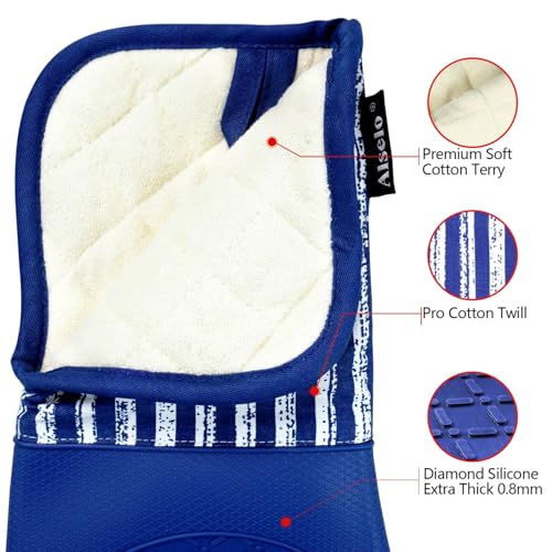 Alselo Silicone Oven Mitts Heat Resistant 932℉ with Waterproof & Non-Slip | Kitchen Mittens Set of 2,Extra Long 7.5"x15" Oven Gloves with Soft Cotton Terry Lining for Baking Cooking BBQ(Cobait Blue,2) - color: Cobait Blue