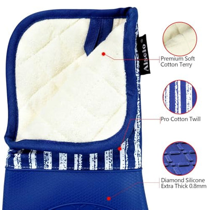 Alselo Silicone Oven Mitts Heat Resistant 932℉ with Waterproof & Non-Slip | Kitchen Mittens Set of 2,Extra Long 7.5"x15" Oven Gloves with Soft Cotton Terry Lining for Baking Cooking BBQ(Cobait Blue,2) - color: Cobait Blue