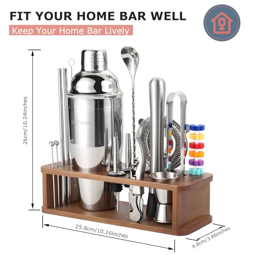 HMYBAR® 22-Piece Cocktail Shaker Set, Mixology Bartender Kit with 24oz Cobbler Shaker, Home Bar Tool Set with Brown Bamboo Stand, 39 Recipe Cards, Glass Markers, Gift for Men & Dad - color: Brown