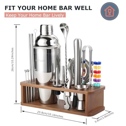 HMYBAR® 22-Piece Cocktail Shaker Set, Mixology Bartender Kit with 24oz Cobbler Shaker, Home Bar Tool Set with Brown Bamboo Stand, 39 Recipe Cards, Glass Markers, Gift for Men & Dad - color: Brown