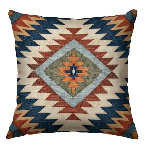 Vintage Turkish Pattern Throw Pillow Covers 18x18 Inch, Moroccan Design Double-Sided Printed Pillowcase, Farmhouse Couch Decor Gift for Sofa Bedroom Living Room (Beige&Blue) - color: Beige&blue