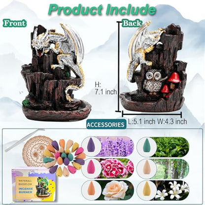 Dragon Backflow 2 Sided Mountain Waterfall Incense Burner,Fountain Smoke Incense Holder with Backflow Incense Cones, Tweezers, Mat，Resin Aromatherapy Meditationvaiuk (Silver) - color: Silver
