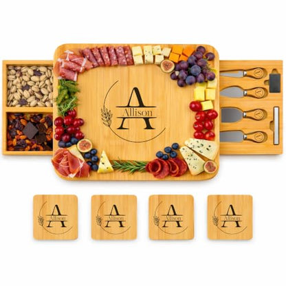 Personalized Bamboo Charcuterie Board with Drawer & Utensils – Custom Cheese & Cutting Board Gift for Wedding, Housewarming, Anniversary, Couples and Personalized Mothers Day Gifts for Mom