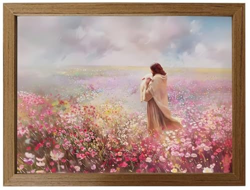 HYHSMIEKL Jesus Holding Lamb Wall Art - Good Shepherd Canvas Print Christian Religious Decor, High Gloss Framed Artwork with Waterproof Fade-Resistant, Ready to Hang & Tabletop Display (8x10in with Stand) - color: huahaiyesu, size: 10"L x 8"W