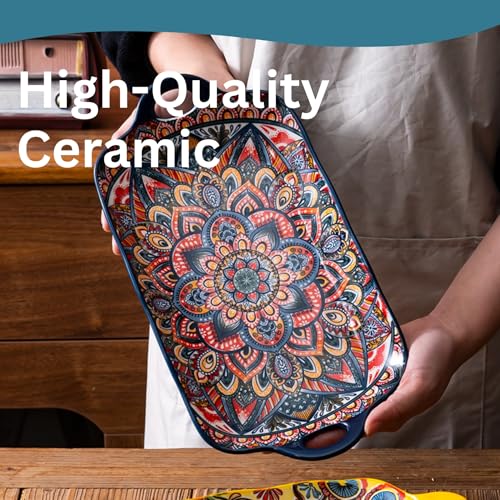 Serving Tray with Handles Rectangular Serving Platter Ceramic Extra Large Plates & Dishes Rectangle (Blue Garden) - color: Blue Garden