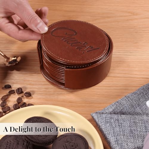 Coasters for Drinks Set of 6 with Holder, 6-Piece Leather Coasters with Embossed Cheers Marks - Durable Drink Coasters Set for Home, Bar, or Office - Brown - color: Brown