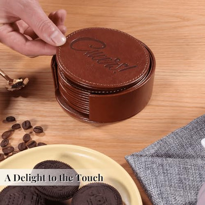 Coasters for Drinks Set of 6 with Holder, 6-Piece Leather Coasters with Embossed Cheers Marks - Durable Drink Coasters Set for Home, Bar, or Office - Brown - color: Brown