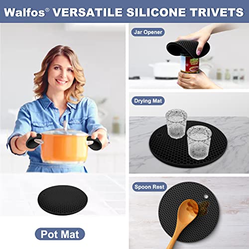 Silicone Trivet Mats - Walfos Heat Resistant Pot Holders Set, 4pcs 2 Sizes 7 Inch & 9 Inch, Multipurpose Non-Slip Hot Pads for Hot Pot, Hot Dishers, Jar Opener, Food Grade & BPA Free (Black) - style: 7+9in, 4 Black Round
