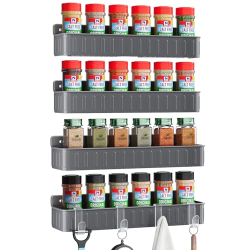 Nieifi Spice Rack Wall Mount, 4 Pack Grey, 2" Depth, Screw/Adhesive | Wall-Mounted with Removable Hooks Saves Counter Space, Fits 2" Deep Jars, Ideal for Kitchen Cabinets, Pantry Doors, and RVs - color: Grey