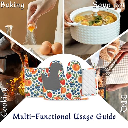Tropical Fruit Oven Mitts and Pot Holders Strawberry Peach Blueberry Silicone Kitchen Accessories Set of 4 Heat Resistant Non-Slip Long Gloves Potholder for Chef Cooking Baking Gifts Women Men - color: Tropical Fruit,strawberry Peach Blueberry