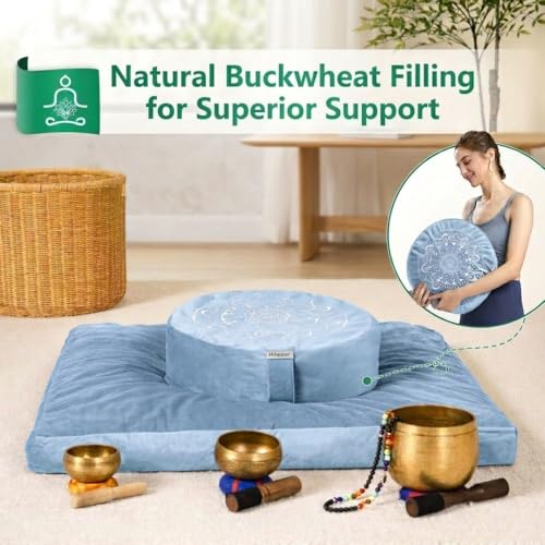 Hihealer Meditation Cushion, Traditional Tibetan Meditation Pillow Velvet Cover - Large Floor Cushion Seating for Adults - Yoga Buckwheat Bolster for Women、Moms - color: Restful Blue(set)