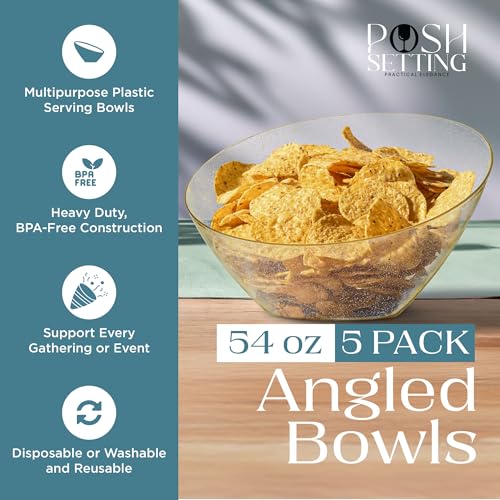5 Pack Gold Plastic Angled Serving Bowl Disposable for Party Table 54oz | Angled Bowl Design. Chip, Candy, Salad & Fruit Use. Disposable Party Tableware. Buffet & Wedding Serving. Gold Plastic. - color: Gold Glitter, size: Large 54 OZ