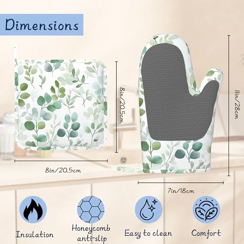 Eucalyptus Leaves Oven Mitts and Pot Holders Sets,Extra Long Watercolor Green Leaf Kitchen Mittens for Cooking,Thick Cotton Heat Resistant Silicone Cooking Utensils Set for Baking Cooking Grilling - color: Eucalyptus Leaves