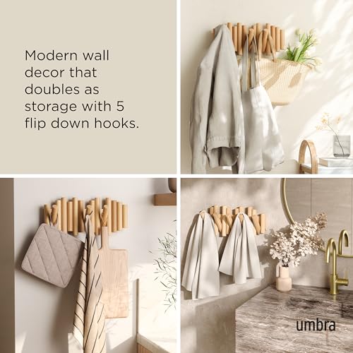 Umbra Picket Coat Rack, Wall Mount 5 Flip-Down Coat Hooks, Natural | Beveled pine wood dowels, supports up to 5 lbs, mounting hardware included, space saving - color: Natural, size: 5-Hook