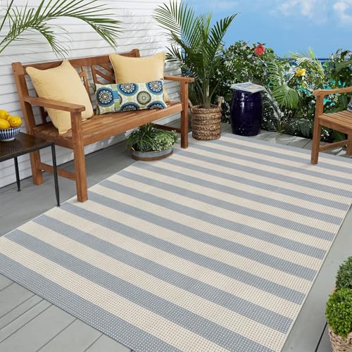 Striped Area Rug 5'x7' Outdoor Rug, Washable Patio Rugs Camping Rug | Farmhouse Cotton Woven Bedroom Rugs Indoor Outdoor Rugs Living Room Carpet for Dining Room Deck Backyard Camping Blue/White - color: Muted Blue/Tan/White, size: 5' x 7' (Rectangular)