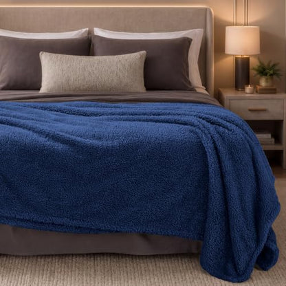 Bare Home Faux Shearling Blanket (Full/Queen, Solid Dark Blue) | Blanket for Bed, Sofa, Couch, Camping, Travel, and Gifts, Warm & Lightweight, Fluffy & Soft - color: 05 - Solid Dark Blue, size: Full/Queen