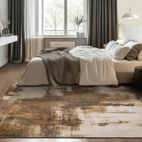 Kelarea Washable Area Rug 4x6, Non-Slip Low Pile Abstract Brown | Water & Stain Resistant, Pet Friendly, Easy Clean, Ultra Soft, for Living Room, Bedroom, Nursery, Ofiice - color: Brown, size: 4' x 6' (Rectangular)
