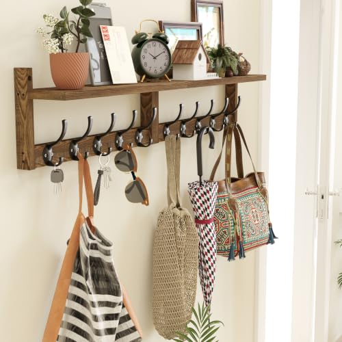 AMBIRD 34.2 inch Wooden Extra-Long Wall Hook Rack with Shelf - Versatile and Decorative Wall-Mounted Storage - 10 Hooks for Hanging Coats, Hats, Scarves - Ideal for Entryways, Bedrooms, Closets - size: 34.2 inch, style: Retro Brown