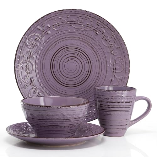 Elama Malibu Mica 16-Piece Stoneware Embossed Pattern Reactive Glaze Purple Dinnerware Set, Tableware, Serveware Set (Mica Purple) - color: Mica Purple