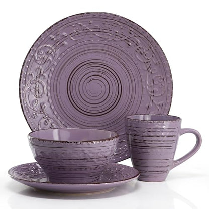 Elama Malibu Mica 16-Piece Stoneware Embossed Pattern Reactive Glaze Purple Dinnerware Set, Tableware, Serveware Set (Mica Purple) - color: Mica Purple
