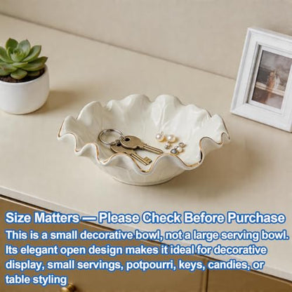 8 Inch Small Lotus Ceramic Decorative Bowl, about15 oz Capacity, Modern Ruffle Lotus Leaf with Gold TrimDesign,Decorative Centerpiece for Entryway Tables, Coffee Tables,Kitchen Counters - size: 8"