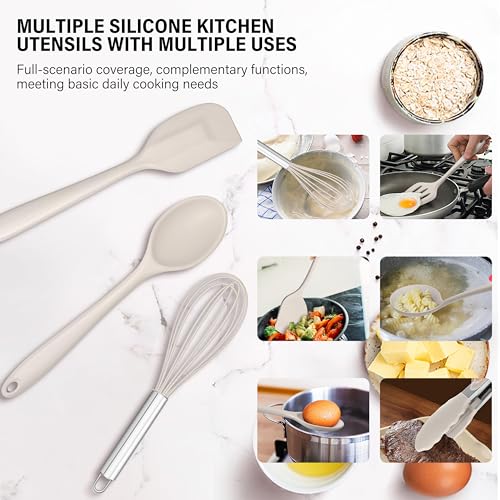 HaWare 11 PCS Silicone Cooking Utensils Set, Heat Resistant Kitchen Utensils with Holder, Food-grade Spatula Sets for Nonstick Cookware, Kitchen Tools Gadgets Include Fish Turner, Spoon (Khaki) - color: Khaki