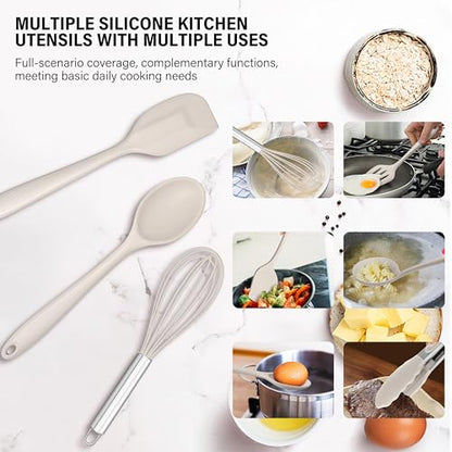 HaWare 11 PCS Silicone Cooking Utensils Set, Heat Resistant Kitchen Utensils with Holder, Food-grade Spatula Sets for Nonstick Cookware, Kitchen Tools Gadgets Include Fish Turner, Spoon (Khaki) - color: Khaki