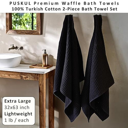PÜSKÜL 2-Piece Natural 100% Turkish Cotton Waffle Bath Towels Extra-Large | Black, 32x63" Bath Sheet Towel, Light Soft Absorbent Quick-Dry Lint-Free Premium Honeycomb Weave Oeko-Tex Made in Turkiye - color: Black