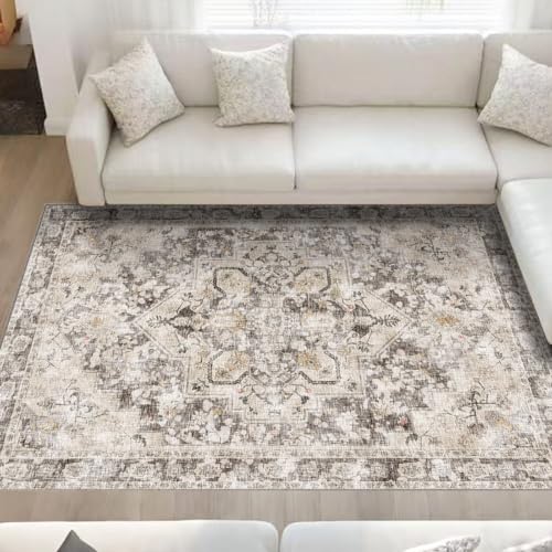 4x6 Rug Beige and Brown Traditional Distressed Aesthetic | Rugs for Dining Room Office- Low Pile Carpet-Non Slip Ultra Soft Pet&Child Friendly-Neutral Modern - color: Brown Beige, size: 4' x 6' (Rectangular)
